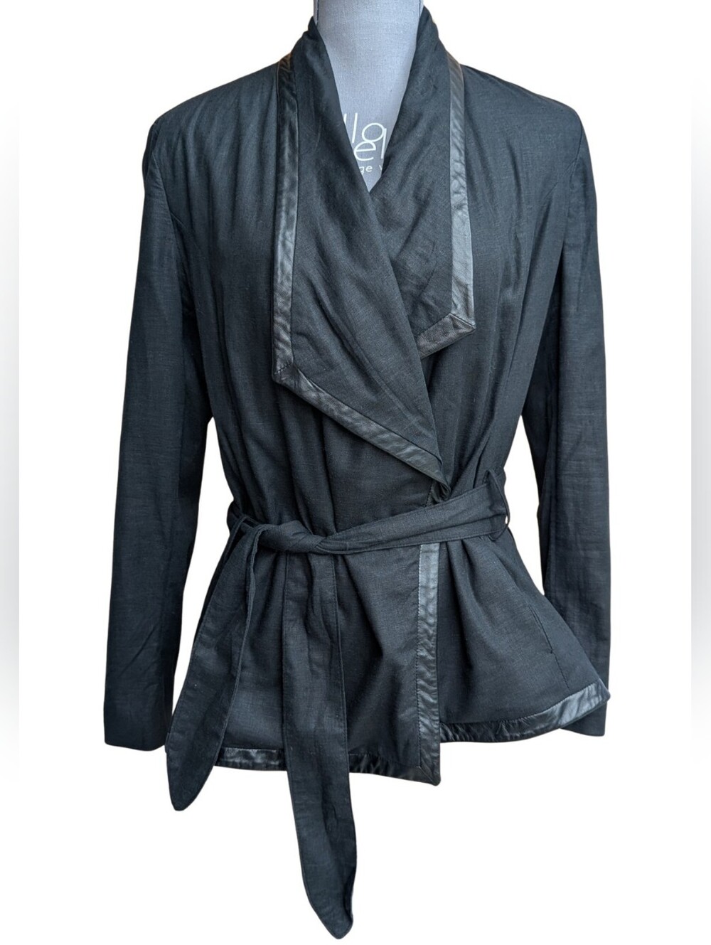 Lamarque Black Genuine Leather Linen Mix Draped Wrap Jacket Size M